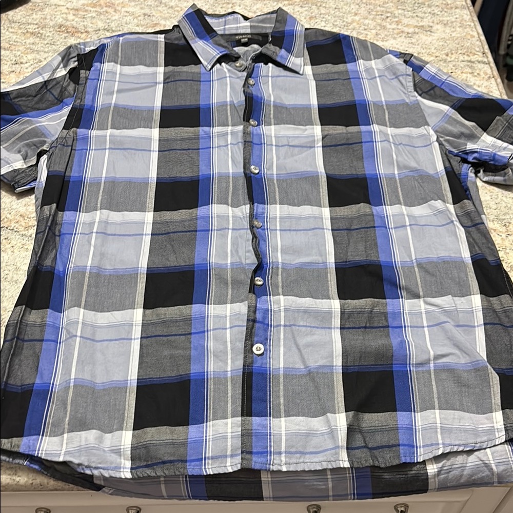 RW&Co Men's Blue and Black Plaid Shirt